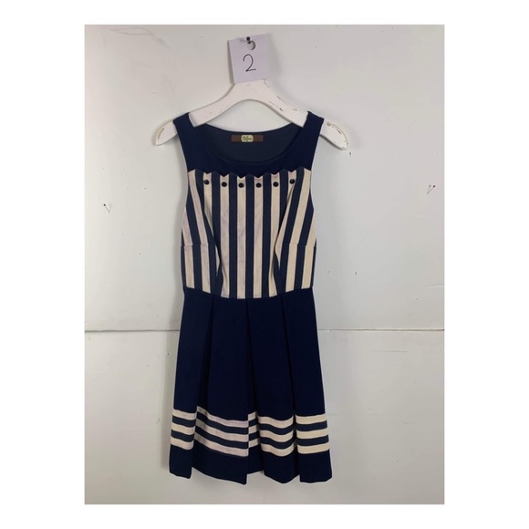 Anthropologie Eva Franco Navy Blue Sleeveless Round Beckline Stripes Mini Dress - Picture 1 of 2